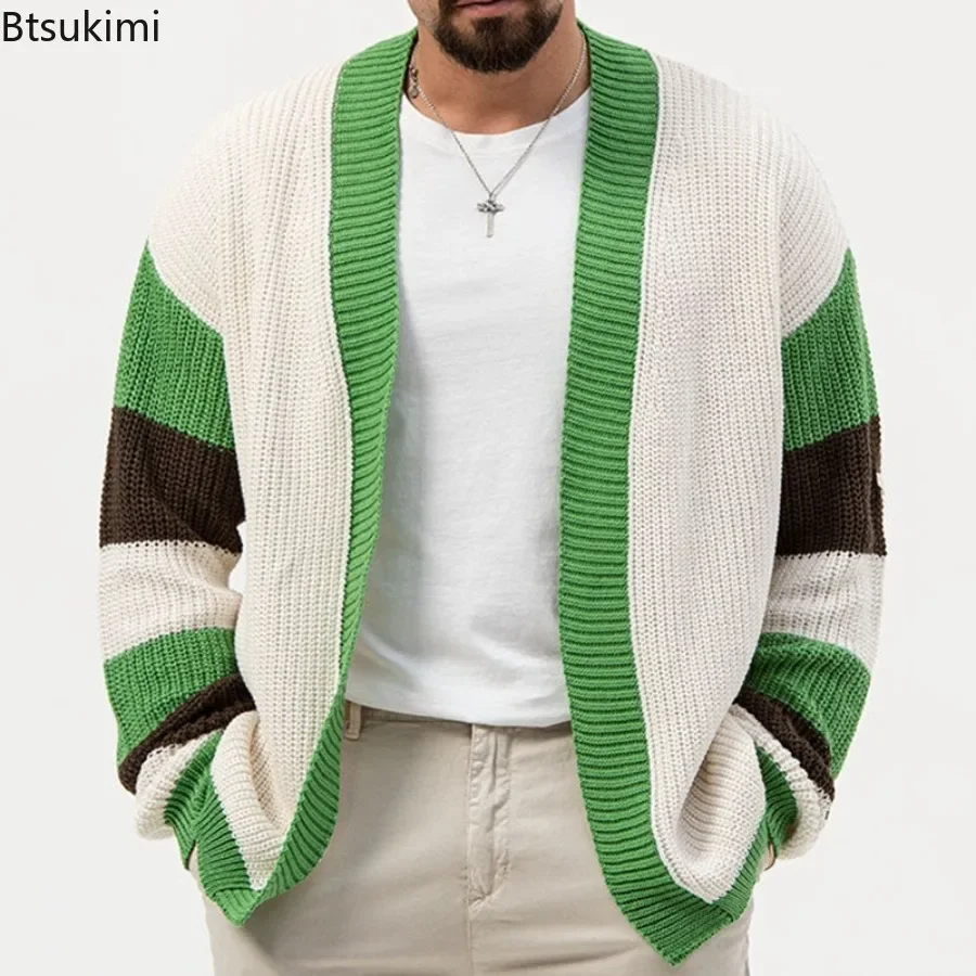 2024 Men's Autumn Winter Sweater Fashion Green Loose Contrast Color Knit Cardigan Sweater Office Long Sleeve Male Cardigan Coat