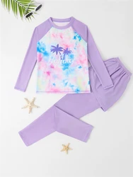 Costume da bagno per bambini per ragazze 2024 nuovo Tie Dye pantaloni a maniche lunghe costumi da bagno per bambini costume da bagno estivo da spiaggia con albero di cocco a due pezzi