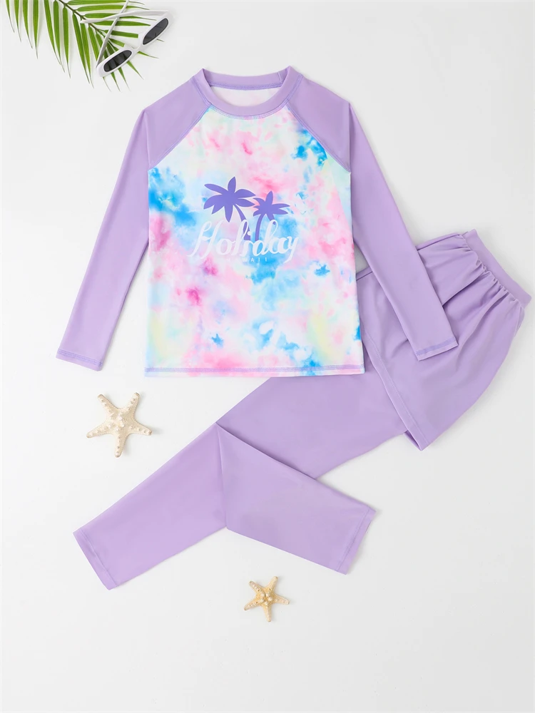 Two Piece Girls Kids Swimsuit 2026 New Pink Tie Dye Long Sleeves Children Swimwear Trousers Short Skirt Beach Wear Bathing Suit