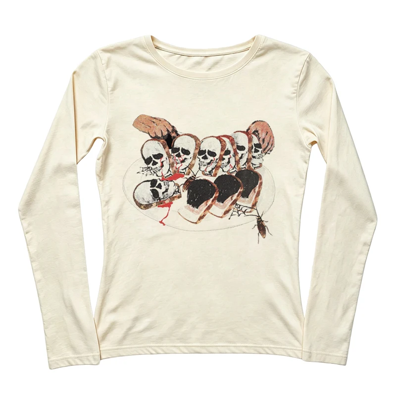 Weirdcore Women Skull Bread Plate Creepy Art Print Long Sleeve Tee Round Neck Slim Y2K Edgy Dark Aesthetic Fitted Top
