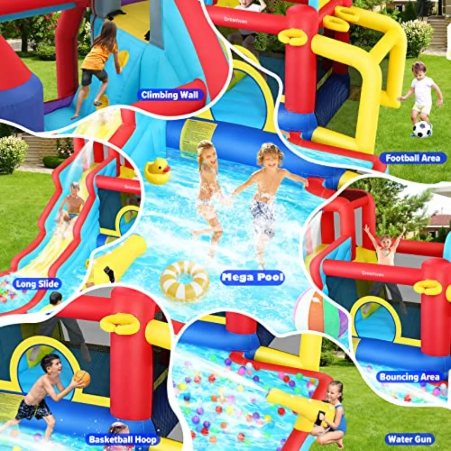 Water Slide Bounce House, Inflatable Water Slide Park with Blower, Family Backyard Jumping Castle Pool Bouncy House, Premium Qu