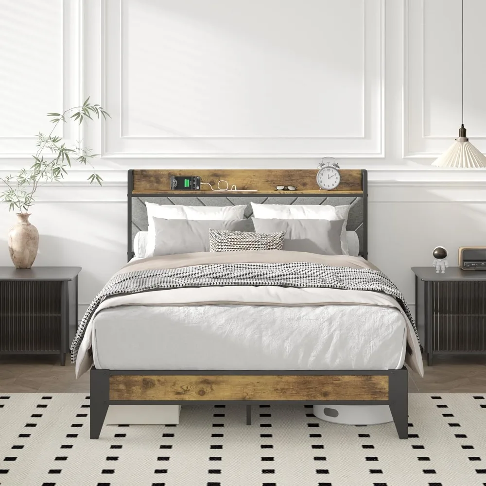 

Full Bed Frame with Storage Headboard, Platform Bed with Drawers and Charging Station, No Box Spring Needed Easy Assembly
