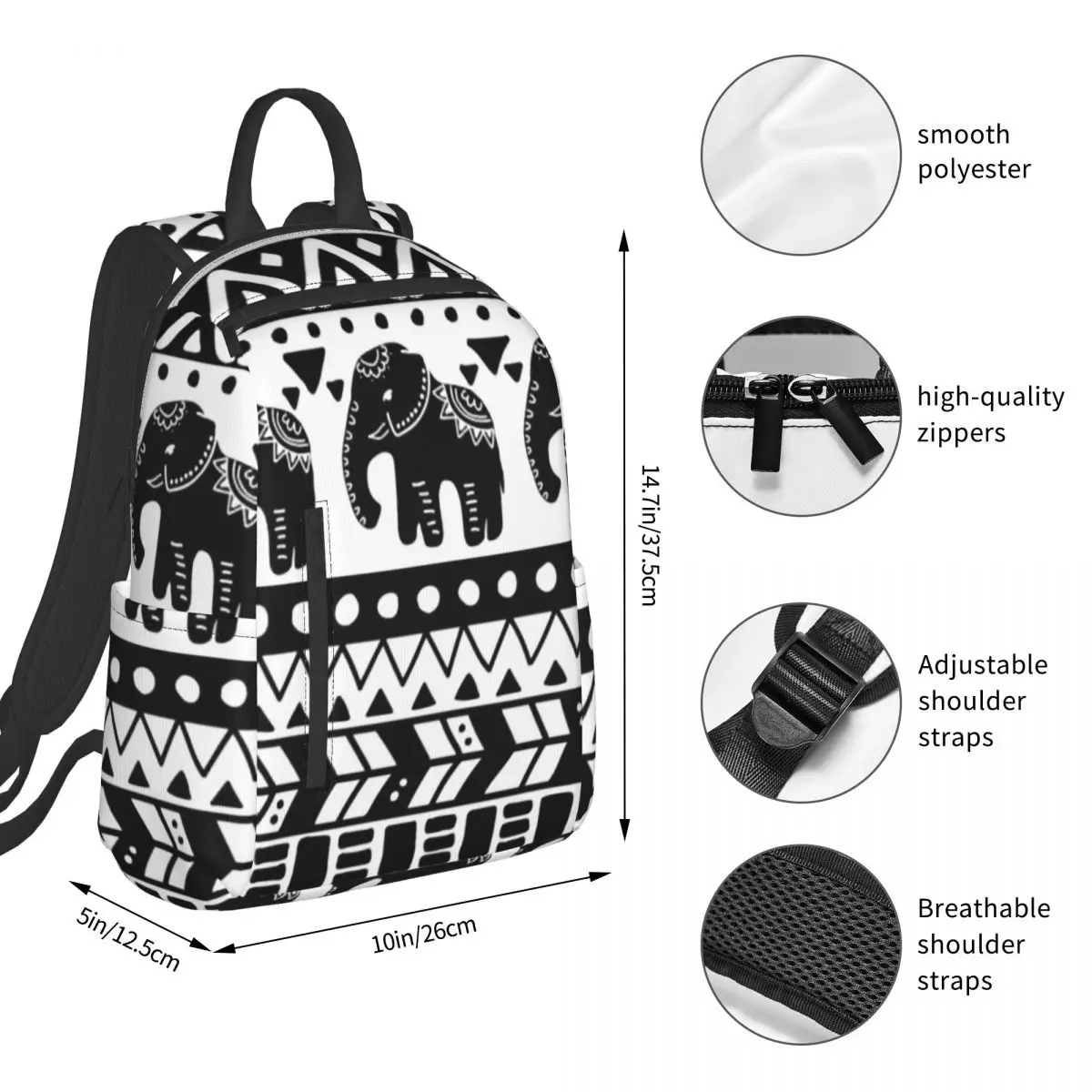 Black White Ethnic Elephant Totem Backpack Student BookBag Kids School Bag Laptop Shoulder Bags Boys Girls