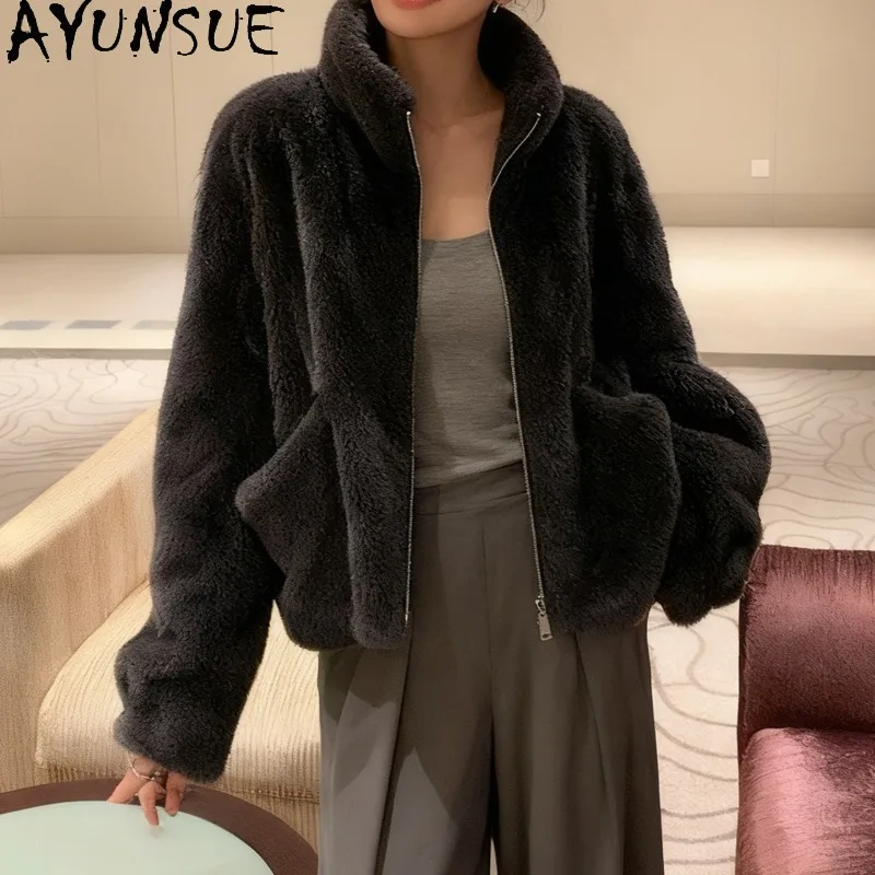 

AYUNSUE Real Whole Mink Fur Coat Woman Winter Jacket Stylish Stand Collar Outerwears Long Sleeve Tops Woman Clothes Шуба Женская
