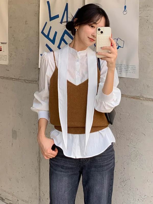 

Ele Korean Sle Long Sve irt Women's Spring Faion Design Straight Cut Lantern Sve