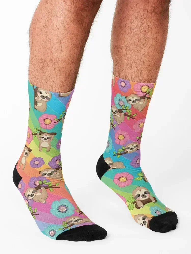 sloth rainbow and flower Socks designer brand Run gift Rugby Designer Man Socks Women's