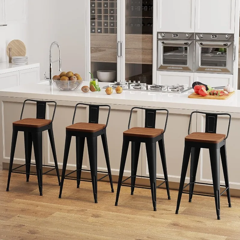 Bar Stools Set of 4 Metal Bar Stool Counter Height Bar Stools Modern Chairs with Back and Wooden Seat