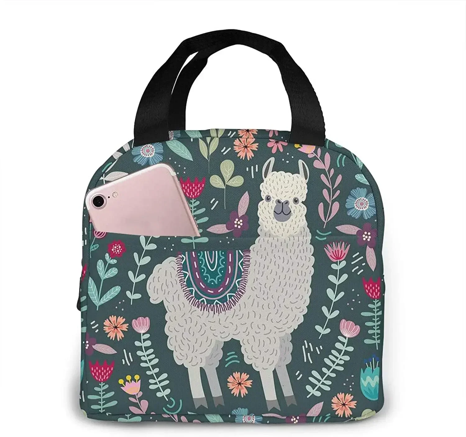 Floral Llama Lun Bag for Women Insulated Lun Box with Front Pocket for Work Reusable Cooler Tote Bag for Picnic Hiking Bea