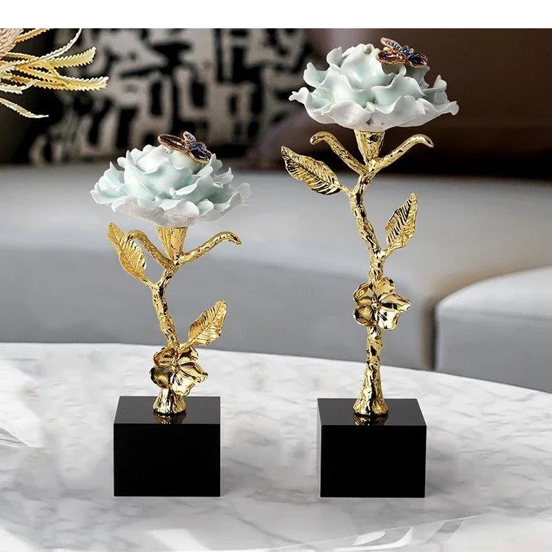 Brass Flower Decorative Statue Marble Base Ornaments Desk Decoration Metal Crafts Sculpture Room Aesthetics Decor