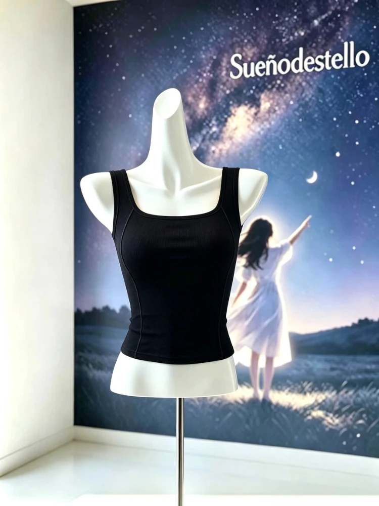 New Pure Desire Sexy Square Neck Tank Top Women Boned Seam Hide Underarm Fat Slim Fit Versatile Chic Casual Daily Female Clothes
