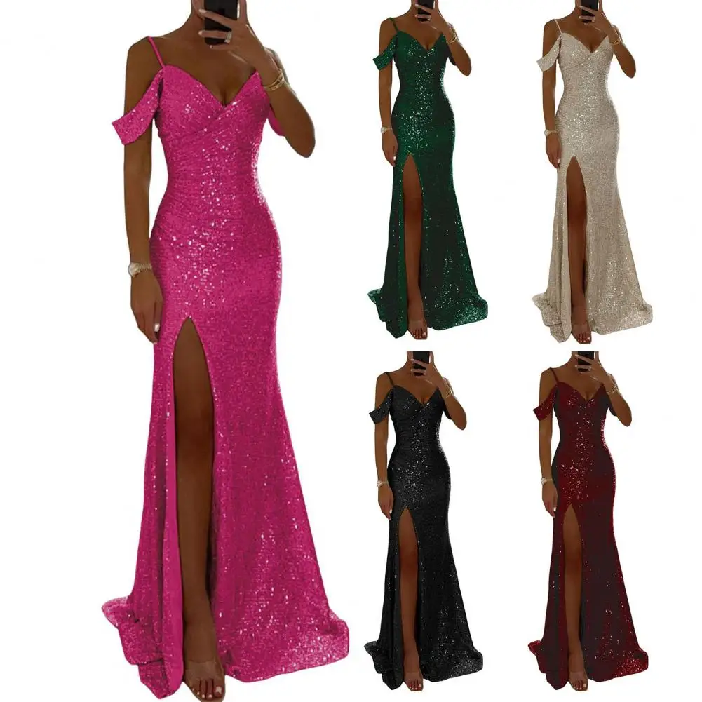 Damen Pailletten-Hosenträgerkleid, langes Kleid, elegantes Pailletten-Ballkleid für Abschlussball, Hochzeit, Partys, schulterfrei, V-Ausschnitt, Maxi für Bankette