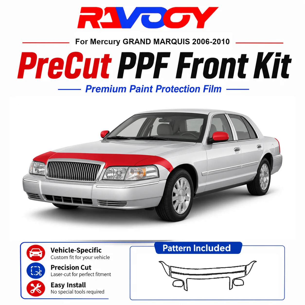 

8.5mil TPU Precut PPF Kit For Mercury GRAND MARQUIS 2006-2010 - Hood, Fenders & Mirror Set - Self-Healing Clear Bra Film