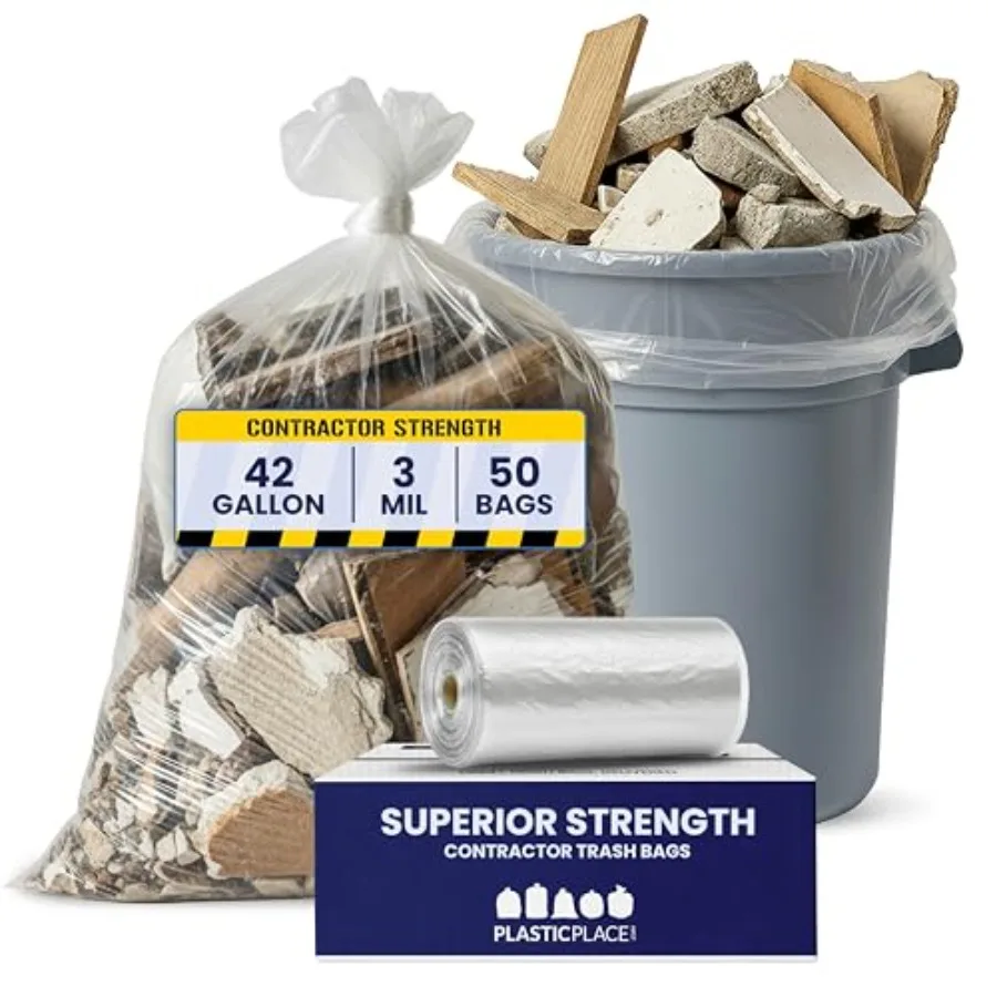

Contractor Trash Bags 42 Gallon │ 3.0 Mil │ Clear Heavy Duty Garbage Bag │.6" x 46.4" 50 B001C0SIUG