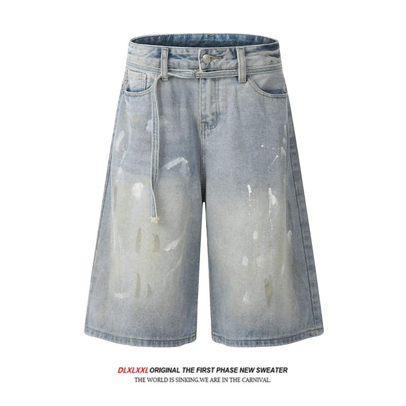 

GXFortune American Style Paint Splashing Print Loose Casual Straight Leg Jeans Shorts for Men And Women Summer Washed Denim