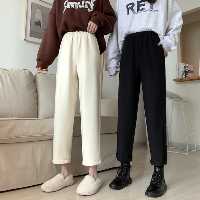 Thicken Pants Women Workout Elastic High Waist Sweet Preppy Style Loose Ankle Length Straight Trousers Casual Harajuku Solid BF