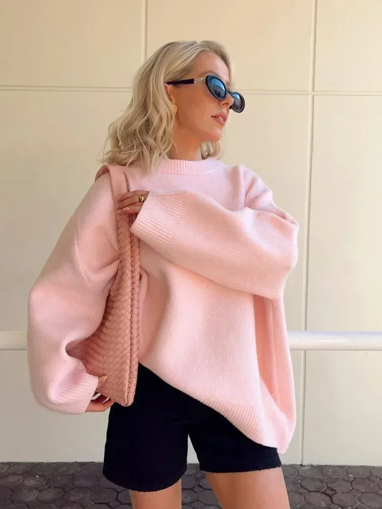 Fashion Solid Pink Knit Sweaters Women Casual Loose O Neck Long Sleeve Top Knitwear 2023 Autumn Chic Lady Highstreet Pullover