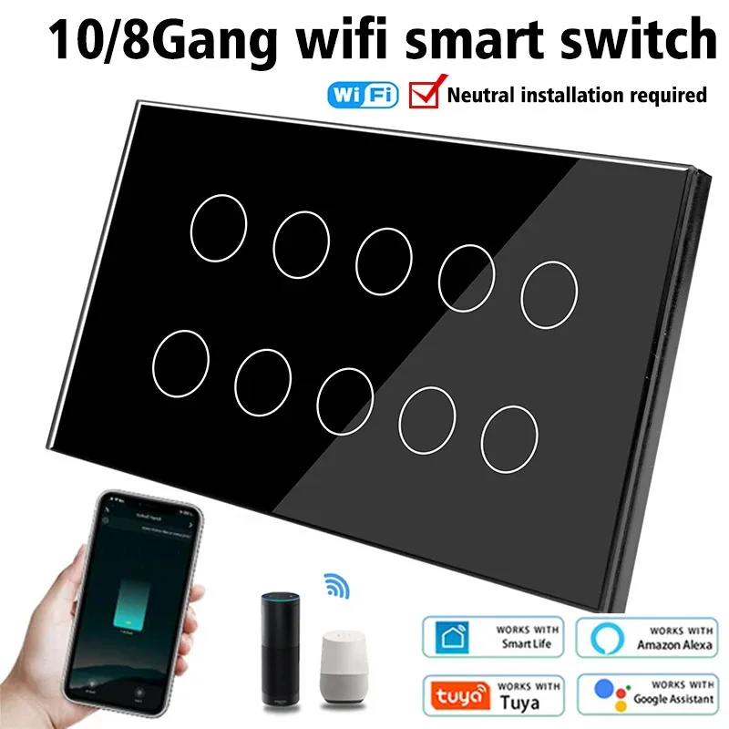 

Tuya WIFI Zigbee Smart Touch Light Wall Switch Interruptor Glass Panel 8/10 Gang 147*86mm Work Tuya APP Whole house intelligent