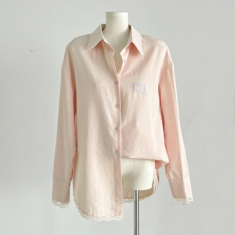 

Lace Hem White Shirt for Women Spring Autumn Long Sleeve Buttons Tops 2025 New Korean Fashion Casual Pink Blouse