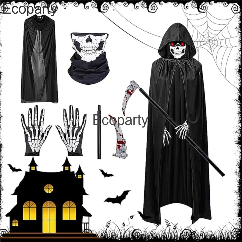 Halloween Per Adulti Per Bambini Horror Red Eye Reaper Costume Falce Diavolo Dark Messenger Fantasma Abiti Cosplay Uomini Bambini Purim Dress