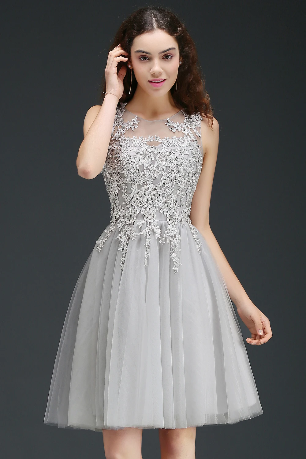 MisShow Short Homecoming Dresses Illusion Neckline Floral Appqulies Evening Dress With Integrated Cup Tulle Skirt A-line