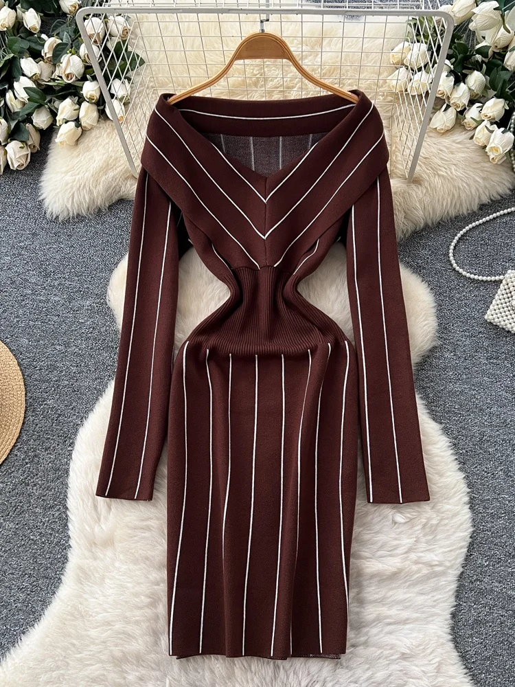 Ele V-ne Long Sve Striped Knitted Dr Women's Slim Fit Bodycon Skirt High Waist Korean Sle Commute Summer Polyes...
