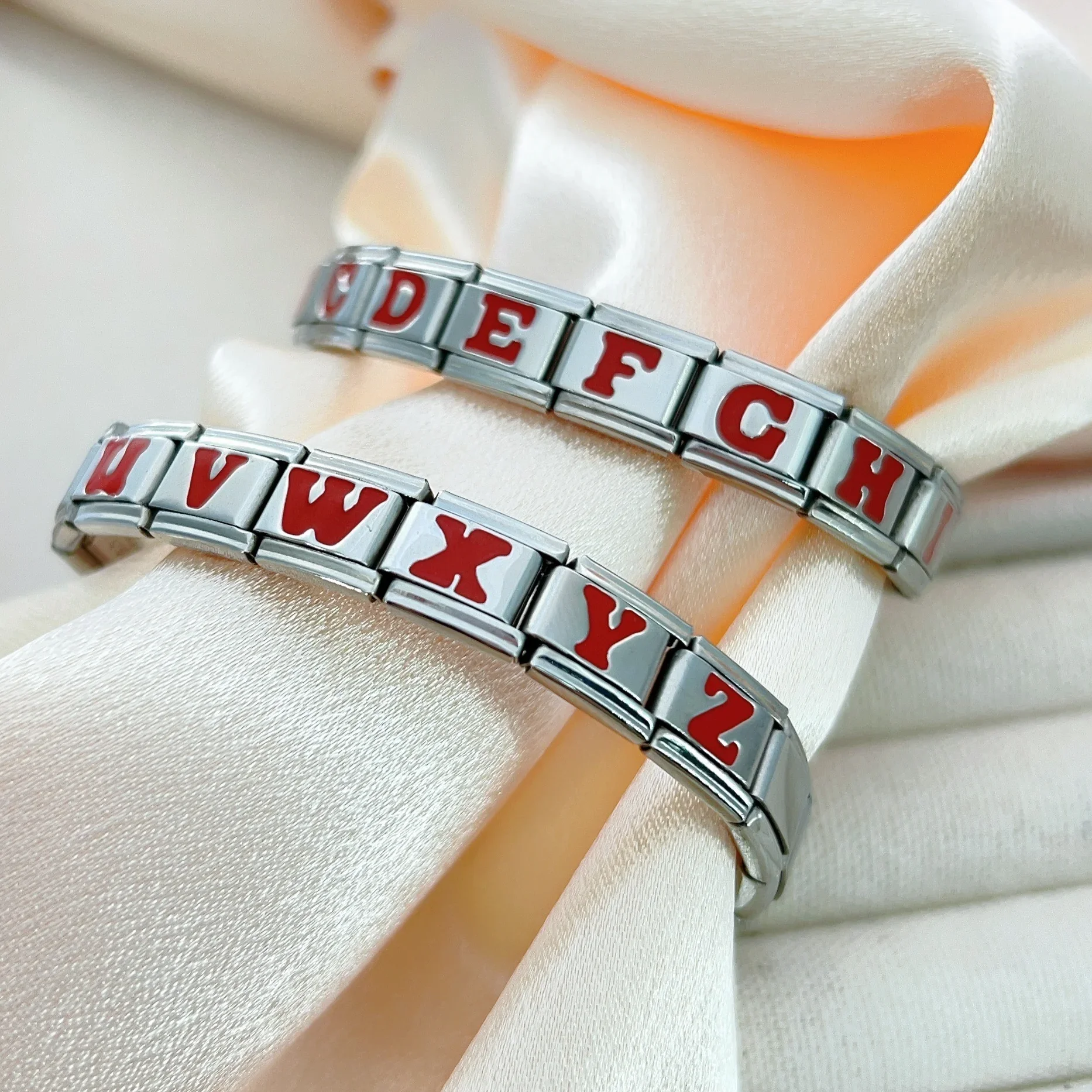 2024 Women Fashion Red English Letters Elastic Charms Italian Links Fit 9mm Modular Stainless Steel Bracelet Making Jewelry