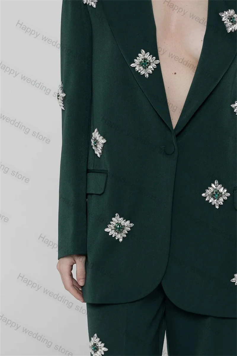 Blazer e calças com cristais de penas para mulheres, casaco formal de senhora do escritório, smoking de casamento, verde escuro, calças sob medida, luxo, 2 peças