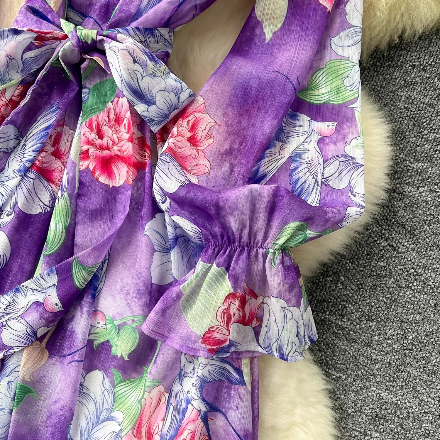 Damska sukienka na co dzień z koszula Midi z długim rękawem nowa projektantka fioletowym kwiatem z nadrukiem w stylu Streetwear z szyfonu