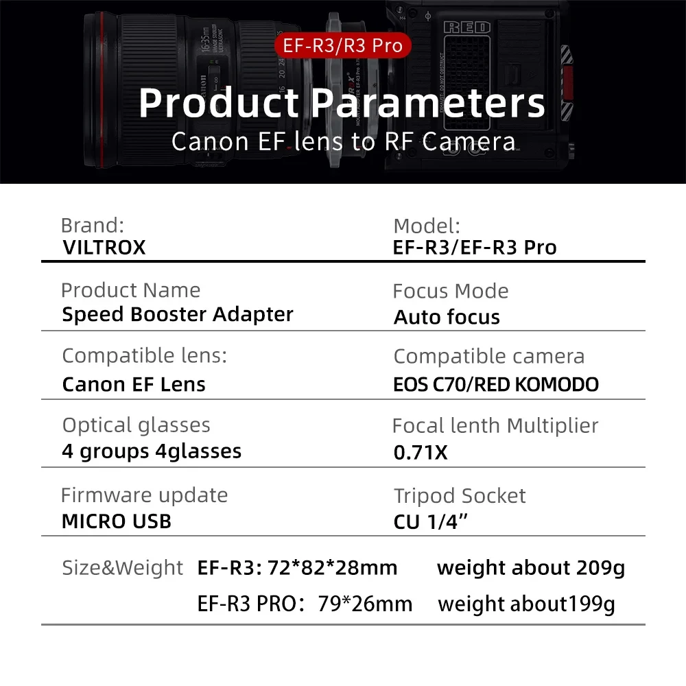 VILTROX-EF-R3/EF-R3 Pro Canon EF a RF, marco completo de enfoque automático 0.71x, adaptador de refuerzo de velocidad para RP R3