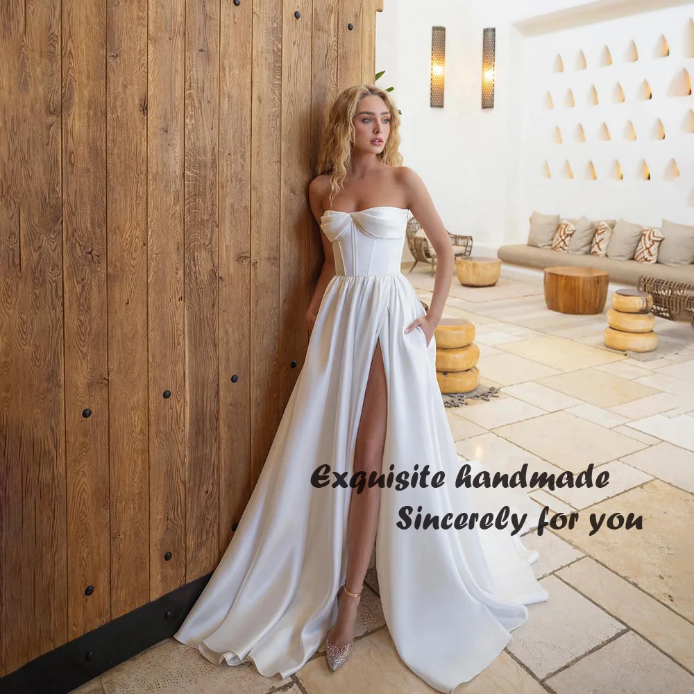 

White A Line Wedding Dresses Sexy Leg Split Draped Satin Sweetheart Boho Bride Dress with Pocket Long Beack Wedding Party Gowns