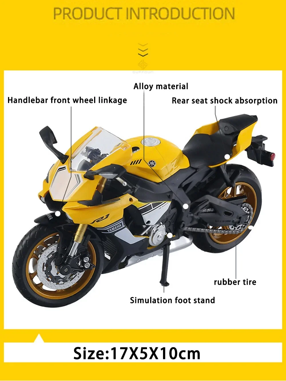 موديل 1/12 من Yamaha YZF R1 لعبة على شكل دييكاست من خليط معدني الزنك مصباح صوت على شكل سيارة للأطفال