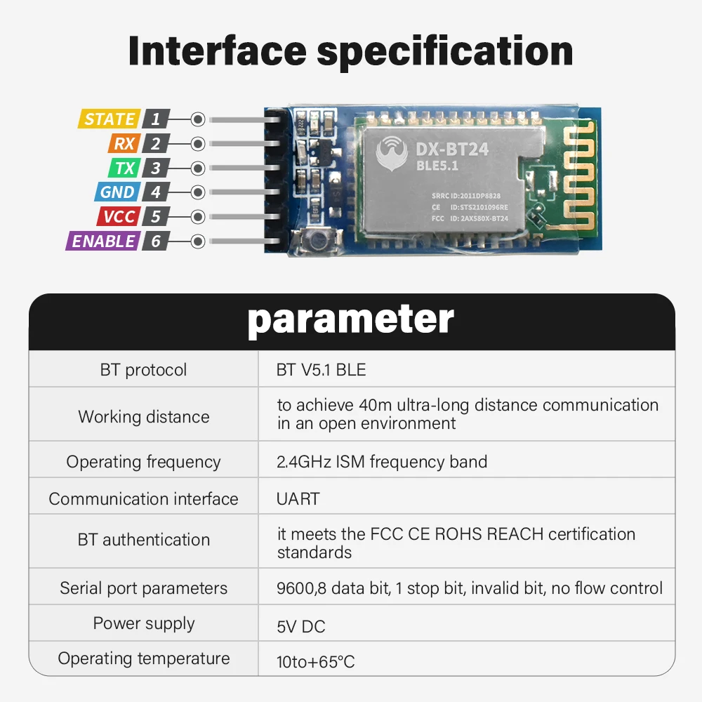 Keyestudio DX-BT24 Bluetooth Module DAILOG 14531 Chip Support AT Instruction Bluetooth V5.1 BLE Communication Interface UART