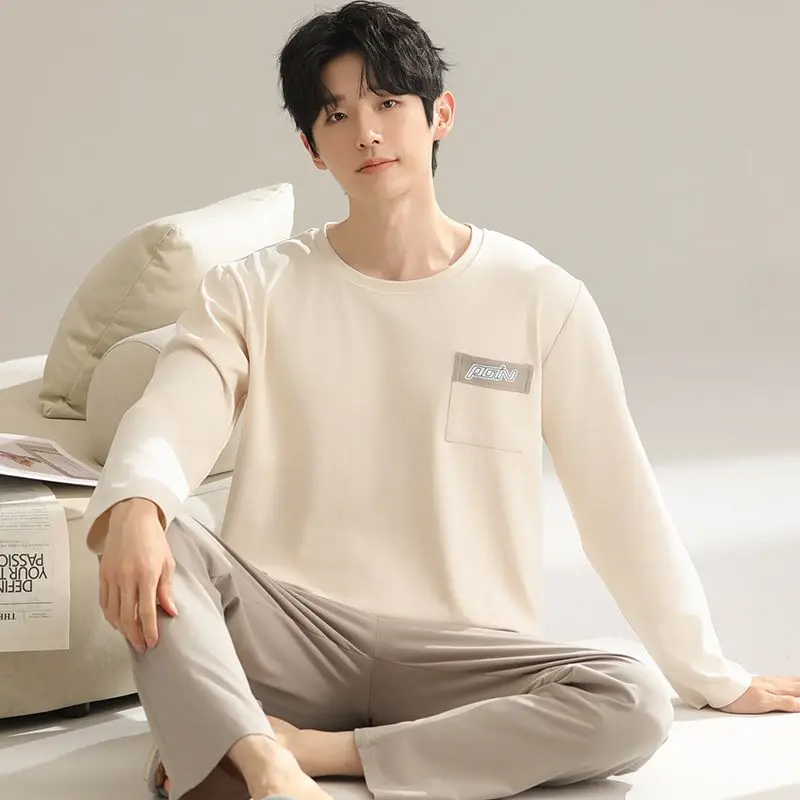 

Новинка 2023 года, осенние хлопковые пижамные комплекты больших размеров с длинными рукавами для мужчин, корейская свободная одежда для сна, костюм, пижама, мужская домашняя одежда, домашняя одежда