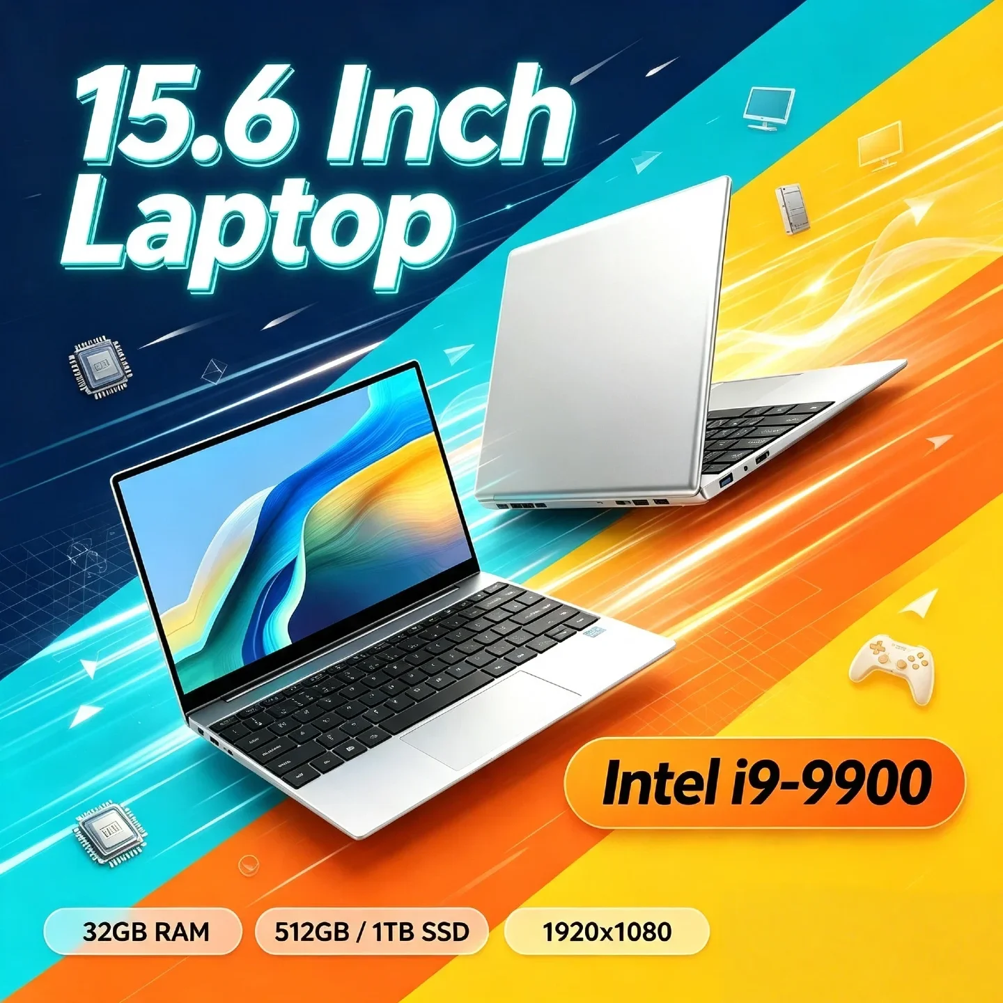 Slim Ultra 15.6 Inch Laptop 32GB RAM 512GB 1TB SSD Intel Core i9 9900 8C 16T 5GHz Notebook Gaming 1920x1080 Office