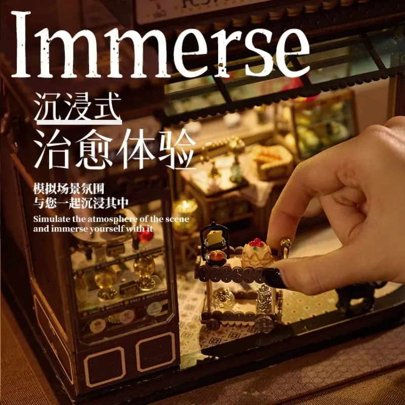 Knowme Moni Microworld Magic Coffee Shop Vitrine's Tale Assembled Induction Bookend Wooden Building Blocks Handmade Cabin Model