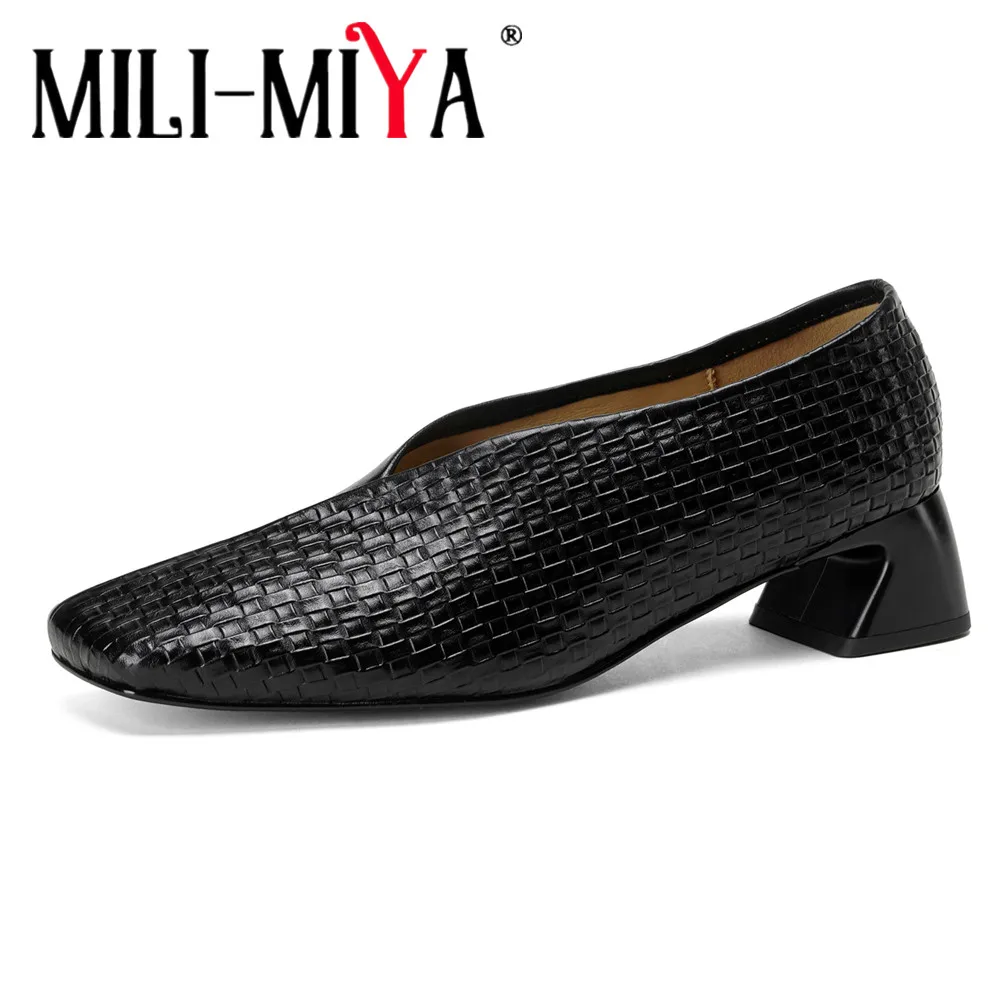 MILI-MIYA New Women's Full Genuine Leather High-Heel Shoes With Square Toe And Woven-Look Texture Slip On Casual Pumps For Ladie