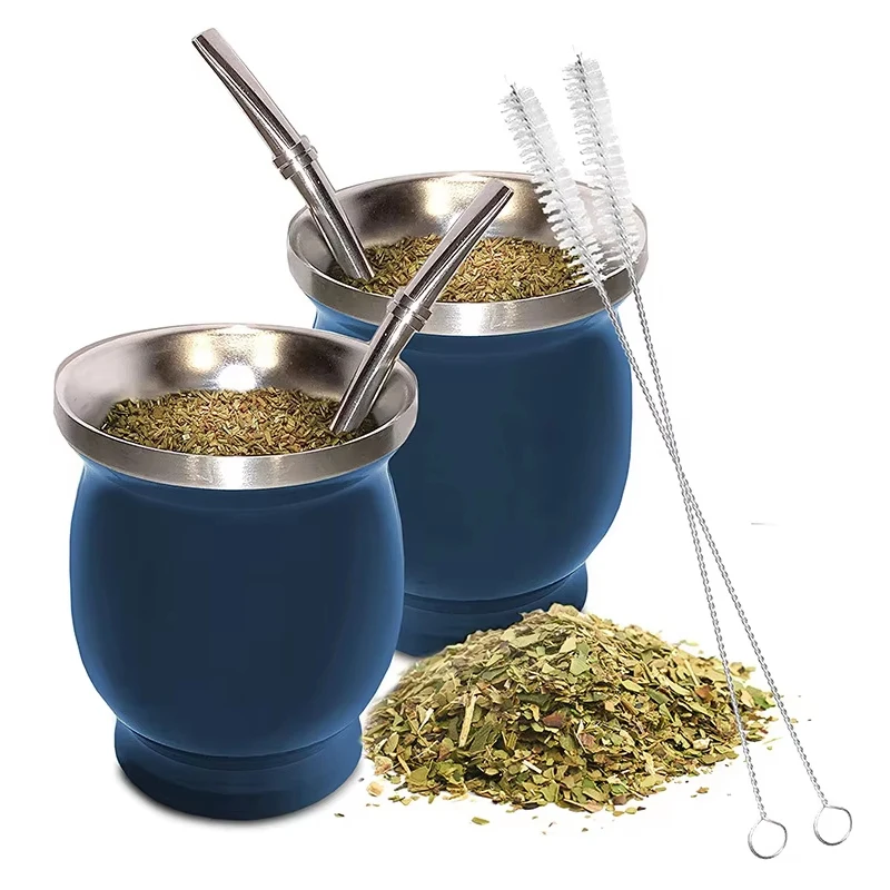 230ML 304 Edelstahl Mate-Becher Doppelwandig 8oz mit Bombillas und Reinigungsbürste Doppelwandiges Teebecher-Set