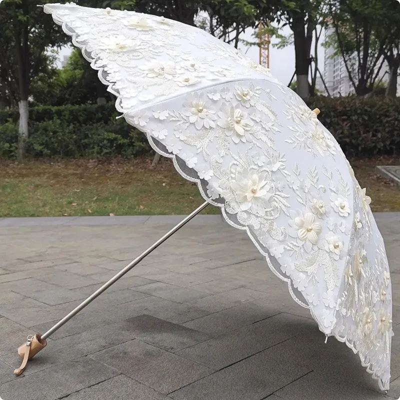 High Quality Pearl Embroidered Lace Dual Folding Black Coating Anti UV Protection Princess Sun Umbrella