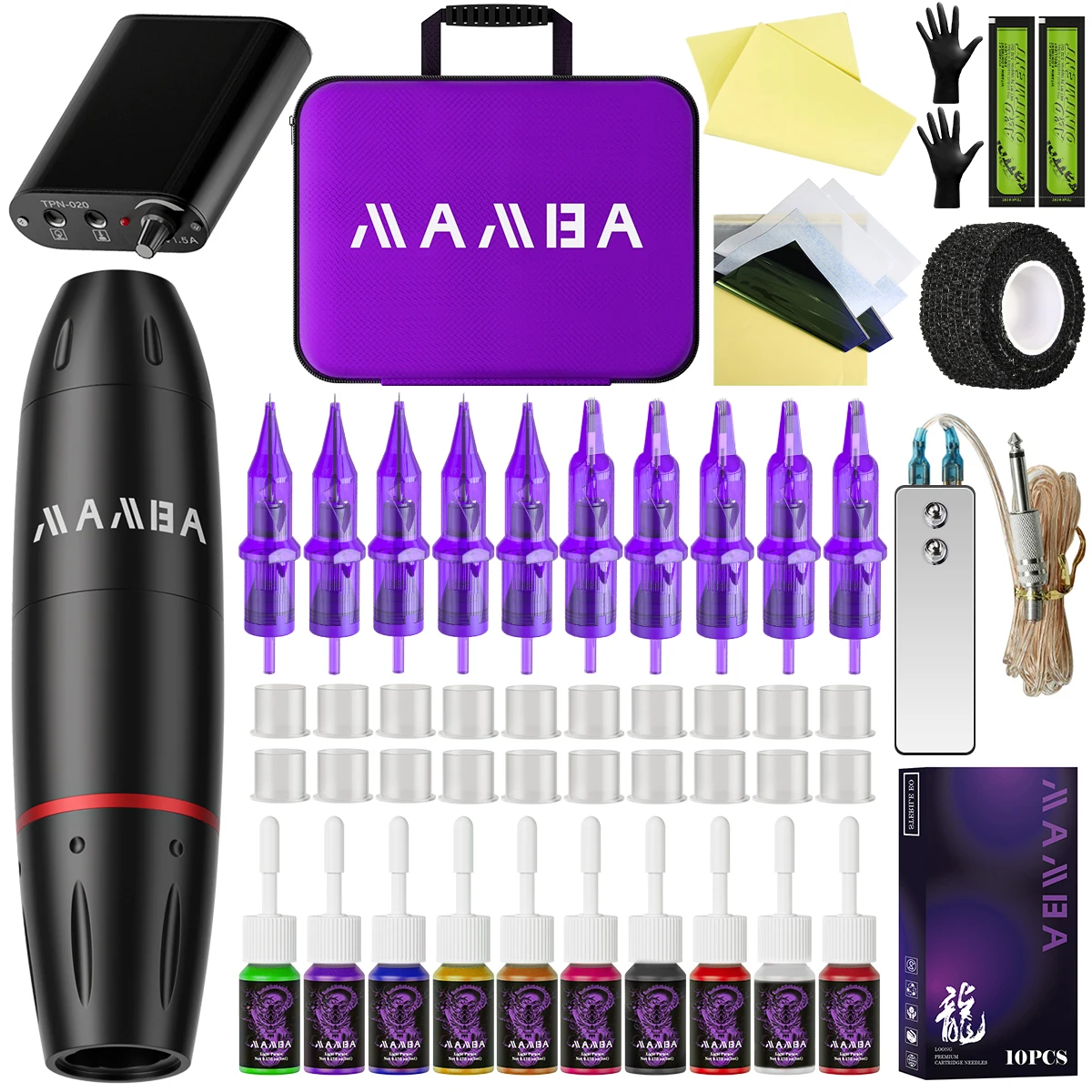 BLACK/PURPLE Wireless Tattoo Machine Kit Complete Rotary Tattoo Machine Battery Cartridge Needles Power Supply Ink for Body Art