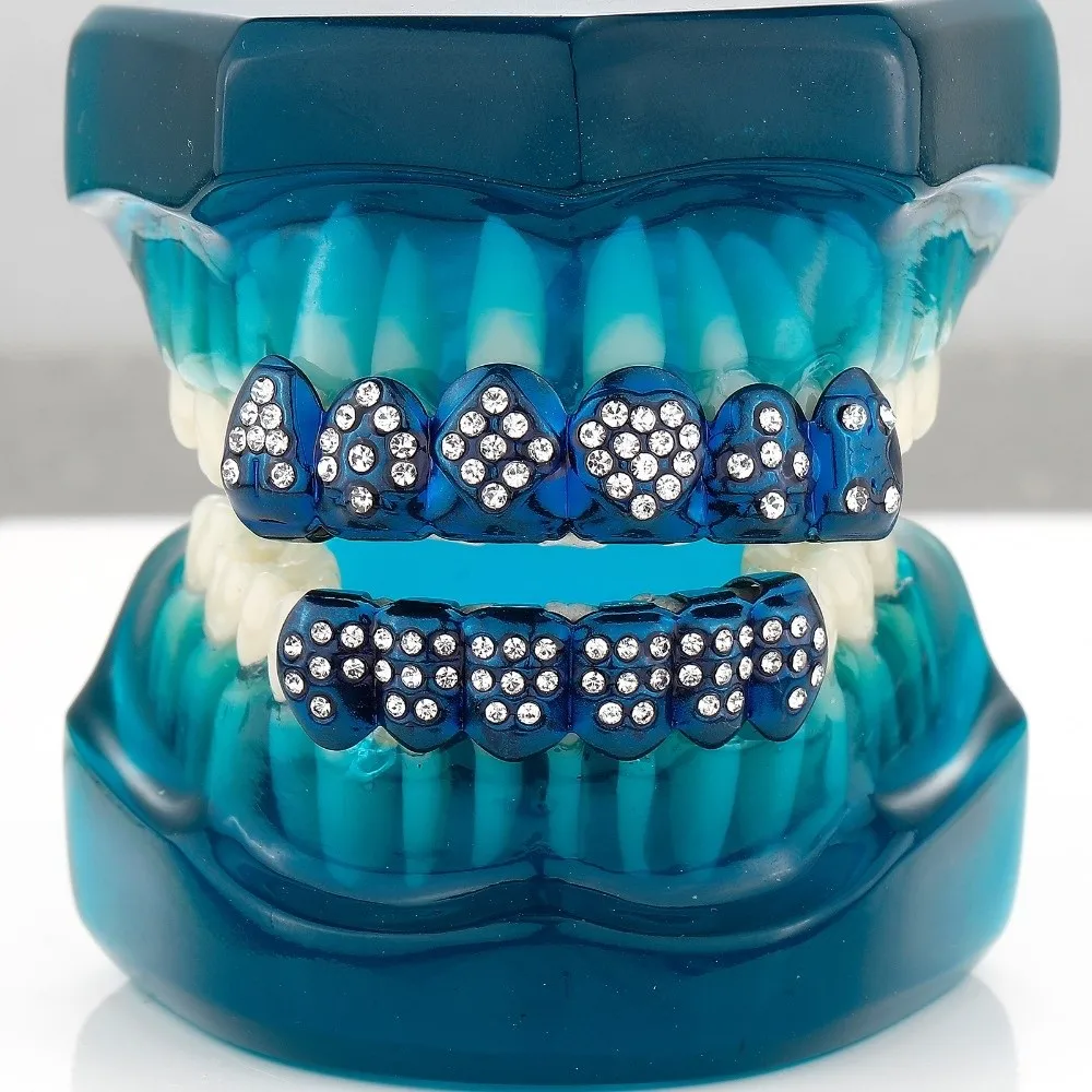 Unisex Glossy Finish Teeth Grillz Top Bottom Set Anti Slip Eco-friendly Copper Teeth Grillz Caps Blue Shiny Teeth Jewelry Rapper