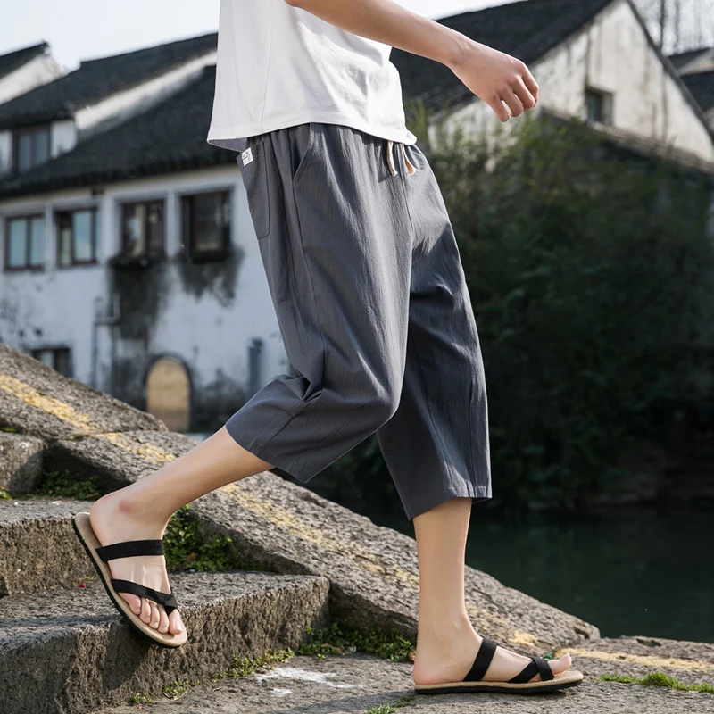 

Мужские летние свободные повседневные брюки из хлопка и льна в винтажном стиле, модные, больших размеров, прямые, до колена, молодежные, для активного отдыха