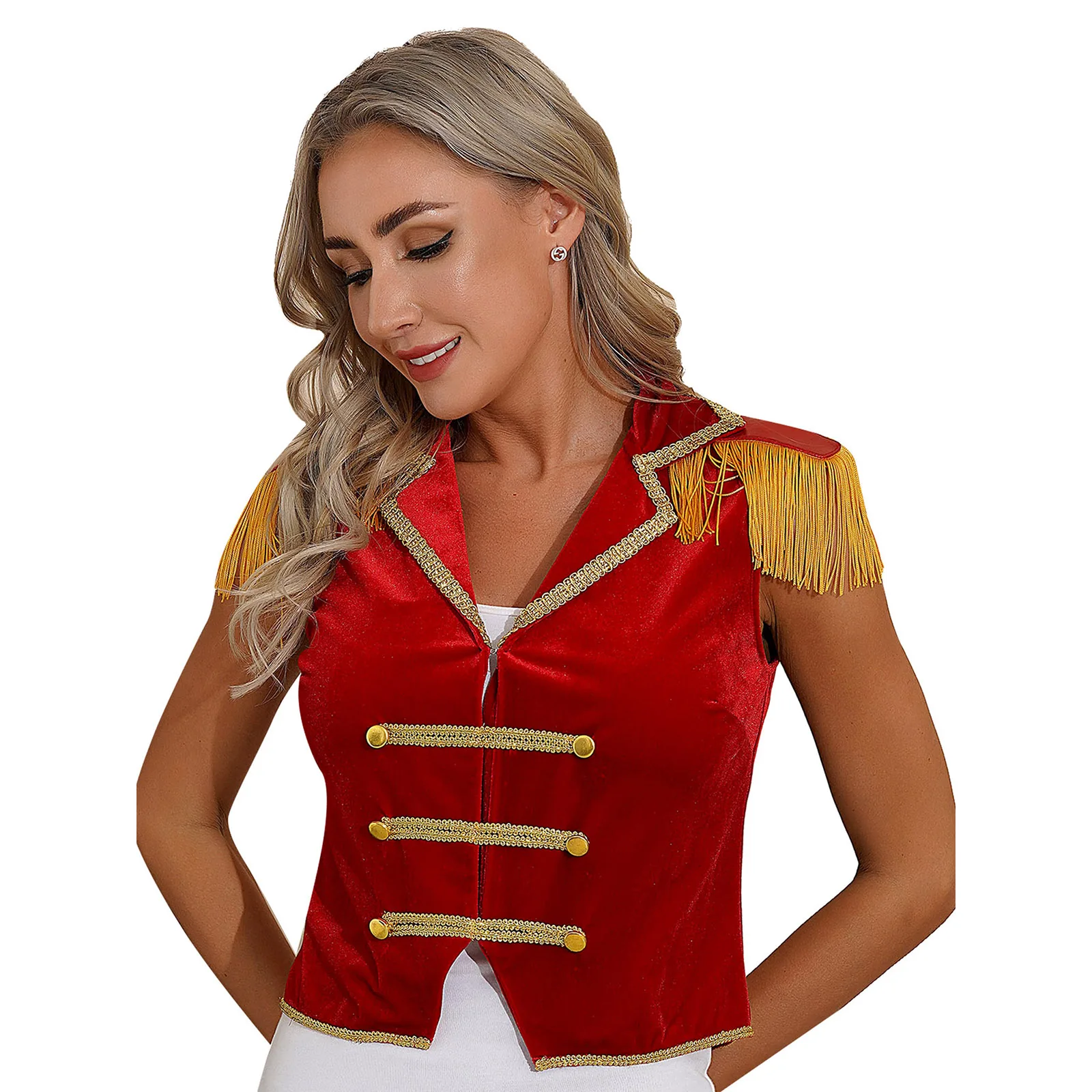 Womens Circus Ringmaster bavero nappe velluto gilet leone Tamer Costume Cosplay vittoriano Steampunk orlo irregolare bottone gilet