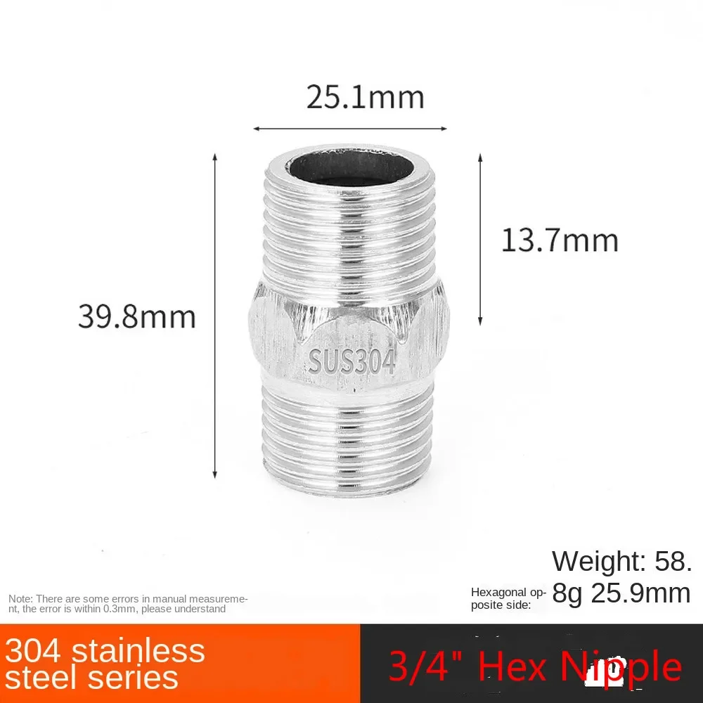 

3/4" Male To Thread Hex Nipple DN20 Threaded Reducer Pipe Fitting Tube Cast Hexagon Joint Adapter A2 Stainless Steel 304