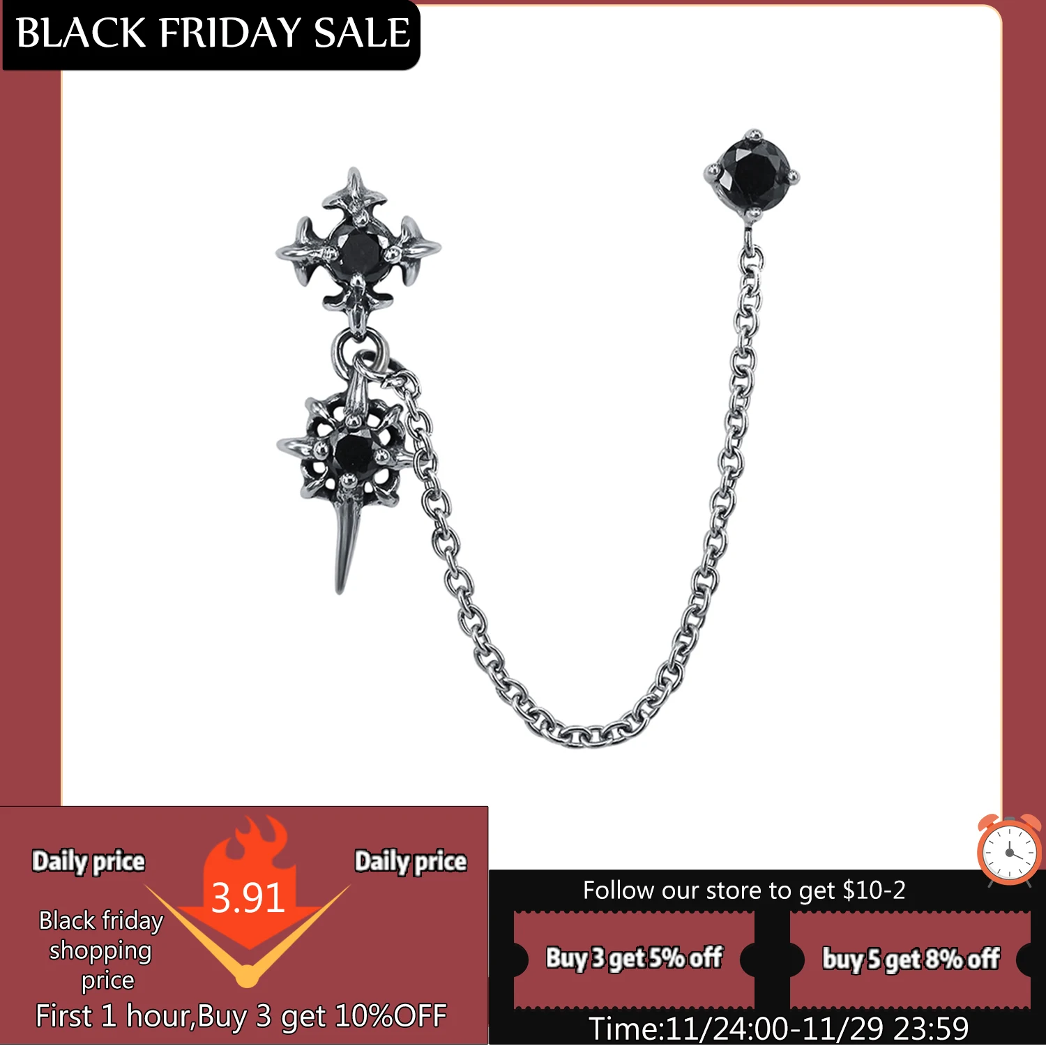 ZS Double Cross Punk Chain Tassel Stud Earrings for Men Gothic Rock Ear Piercing Jewelry Male Biker CZ Zirconia Earrings Jewelry