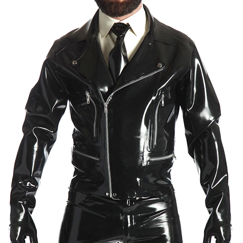 Black Sexy Latex Jacket With Decoration And Cuffs Zippers Turn Down Collar Rubber Coat Without Gloves YF-0422