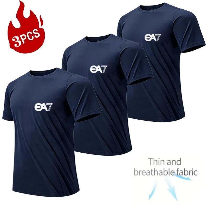 Three-piece men's all-season printed short-sleeved sports fitness quick-drying comfortable large-sized youth casual base shirt