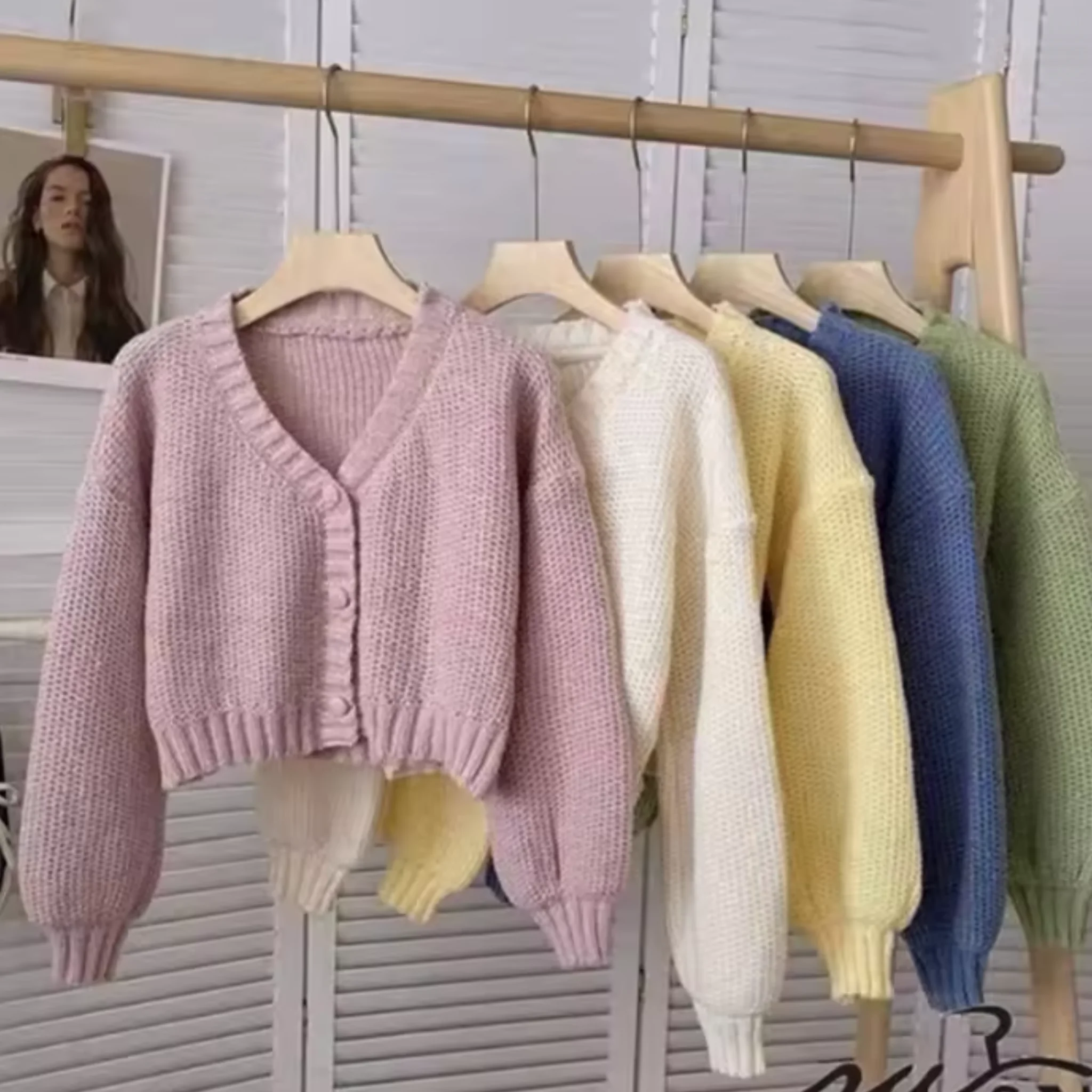 Knitted Cardigan Crop Top Woman Short Sweater Jacket Korean V-Neck Long Sleeve Knitwear Solid Color Sweet All-match Preppy Style