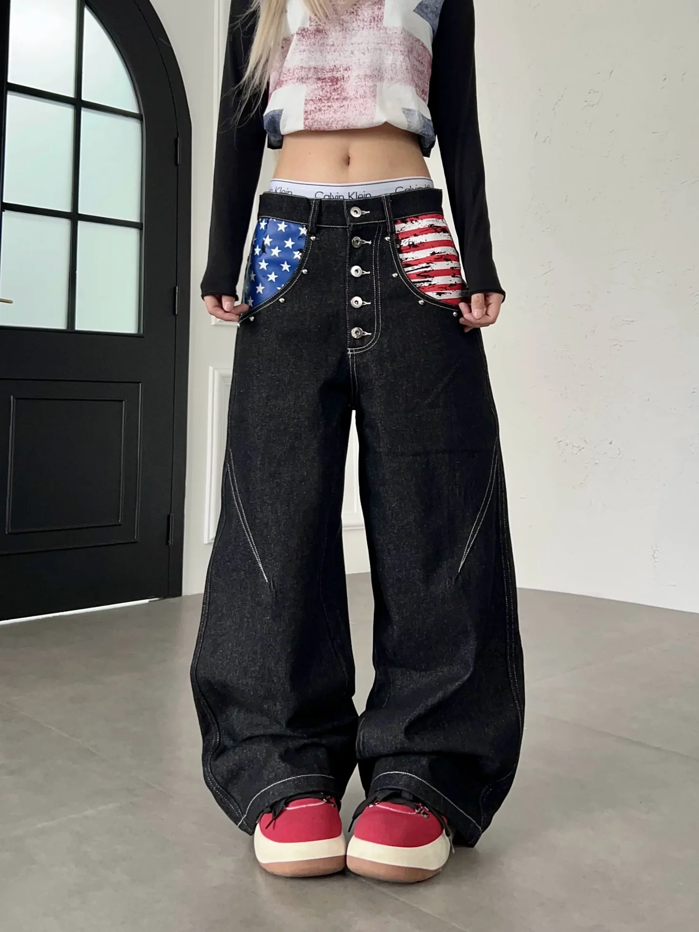 Y2K Original Color Black Wide Leg Jeans Men Women Deconstructed Multi-Button Casual Long Pants Loose Fit Knife  Dragging