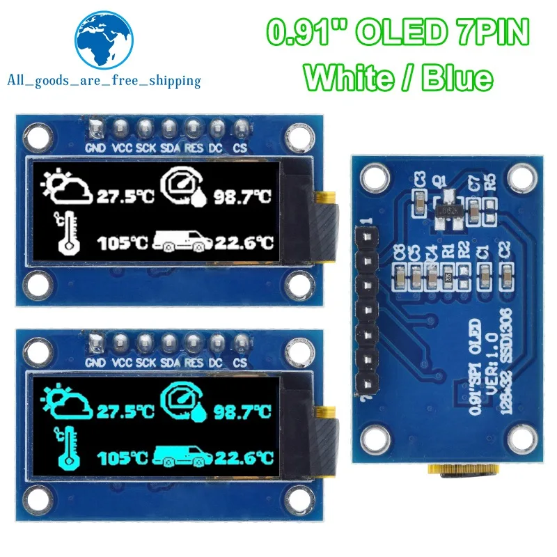 

TZT SSD1306 7PIN 0.91 inch 128x32 SPI OLED Module 0.91" OLED Display Module White Blue OLED Screen Board For Arduino