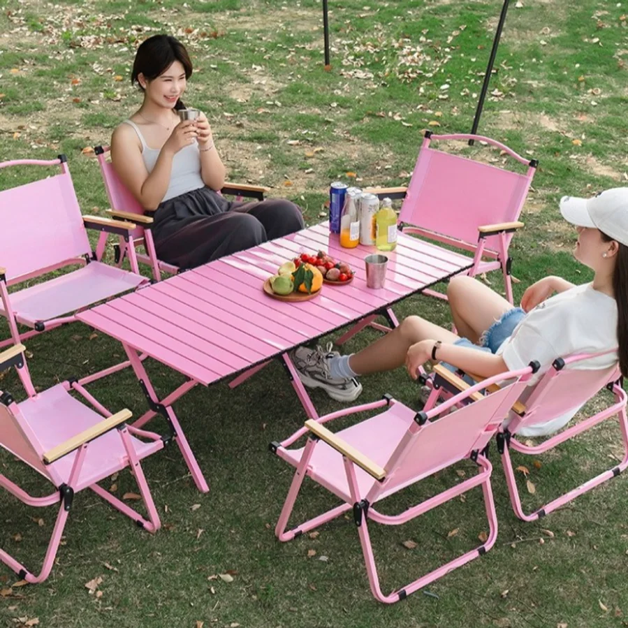 Pink Carbon Steel Folding Table and Chair Set, Portable Outdoor Camping Picnic Coffee Chair Leisure Furniture for Backyard Patio